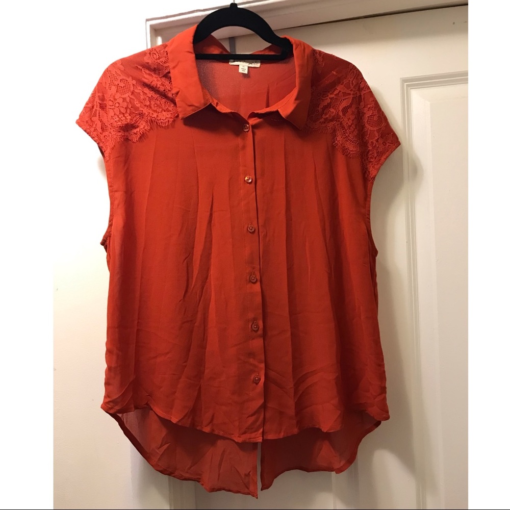“Love on a Hanger” orange button down shirt